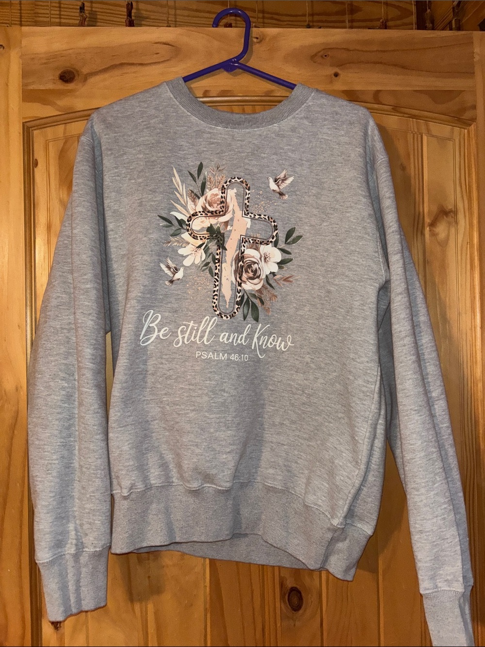 Psalm 46:10 Gray Floral Cross Crewneck Sweatshirt